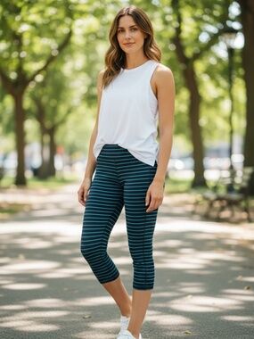 Athleta Chaturanga Capri Striped Leggings Navy/Aqua Size MT Tall Yoga Active